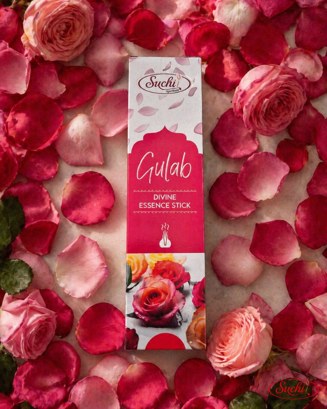 Suchi Agarbatti fragrance product surrounded by decorative flowers